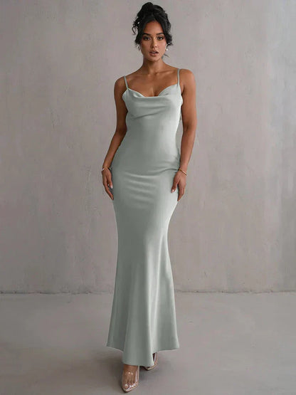 Open Back Cowl Drape Spaghetti Strap Floral Applique Maxi Gown