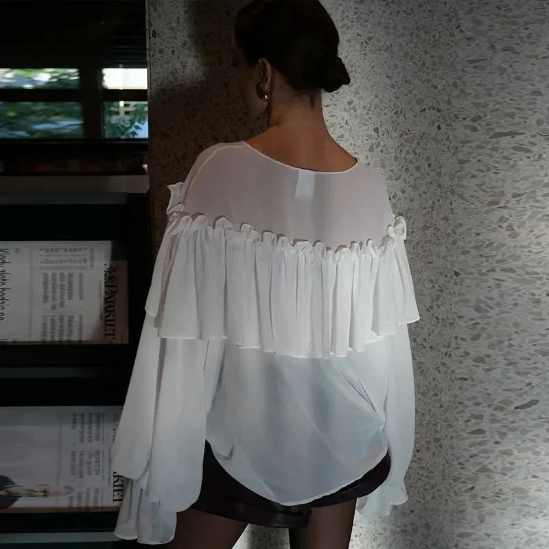 Summer White Chiffon Ruffles V Neck Blouse