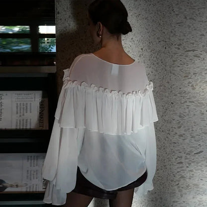 Summer White Chiffon Ruffles V Neck Blouse