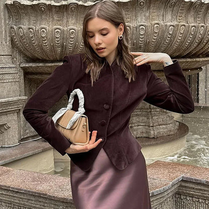 Retro Burgundy Red Jacket Women Stand Collar Button Slim Long Sleeve Jackets Fall Winter Fashion Lady High Street Outerwear