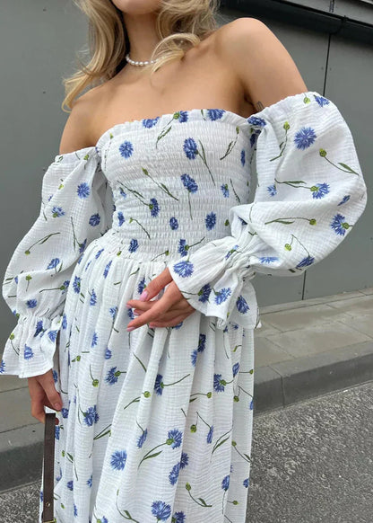 Off-Shoulder Smocked Puff Sleeve Floral Print Crinkled Midi Dress