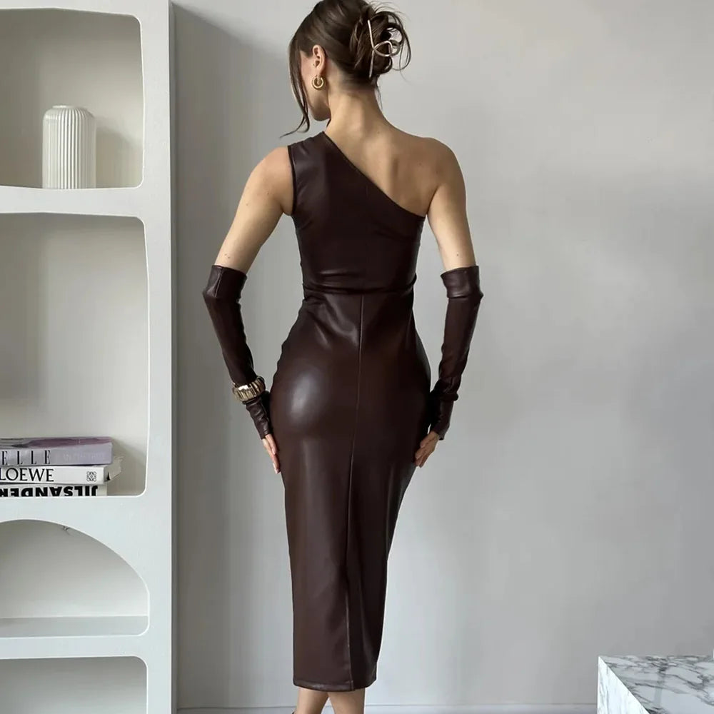 Off-Shoulder Strapless Faux Leather Patchwork Dress