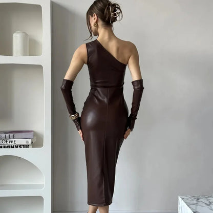 Off-Shoulder Strapless Faux Leather Patchwork Dress