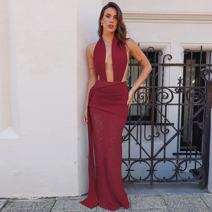 Halter Deep V Neck Lace Sleeveless Long Dress