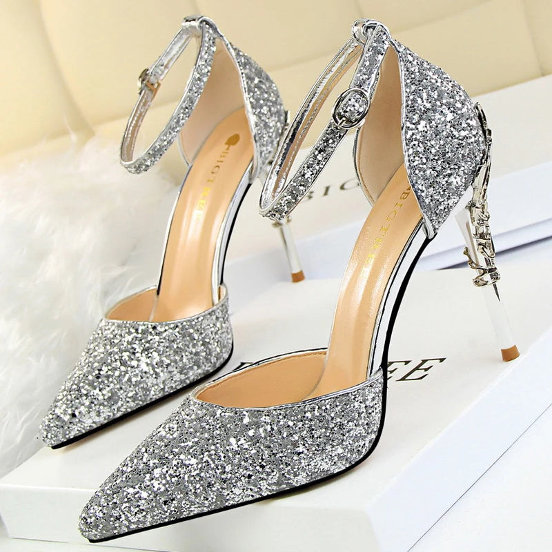 Sequin Wedding Pumps with Metal Decoration - 7.5cm Stilettos