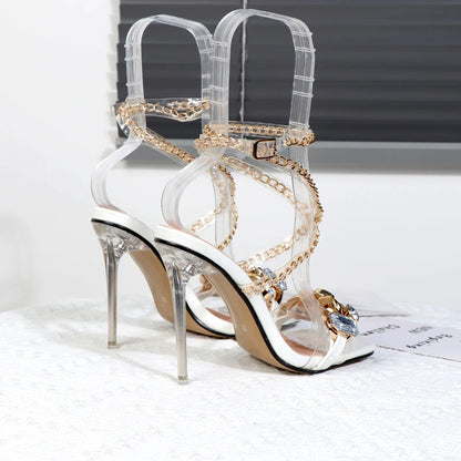 Plus Size Thin Heel High Heel Sandals with Metal Chain and Rhinestone Square Head
