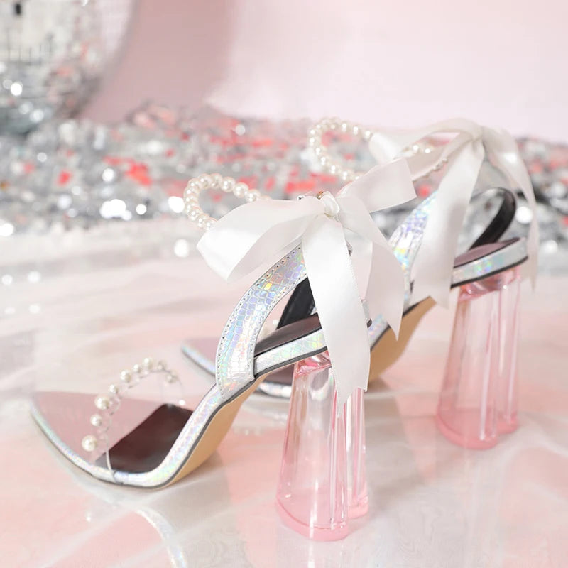White String Bead Ankle Strap Sandals with Transparent High Heels
