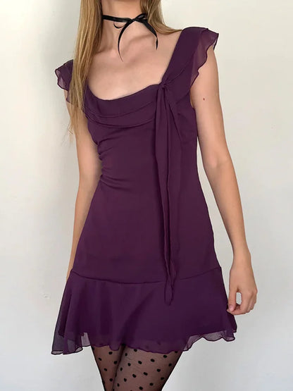 Ruffles Sleeveless Square Collar Mini Dress