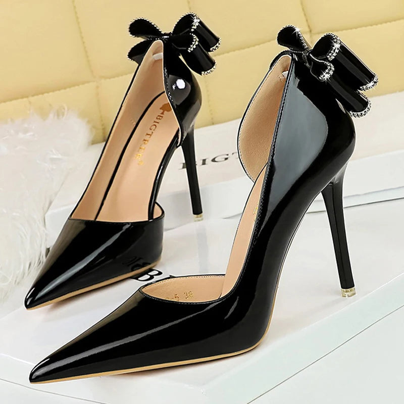 Patent Leather High Heels with Rear Rhinestone Bowknot for Women