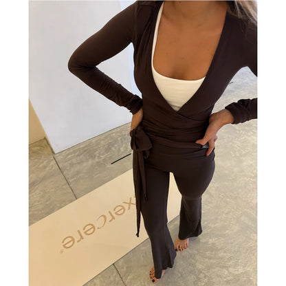 Y2K Tie-up Wrap V-neck Two Piece Pants Set