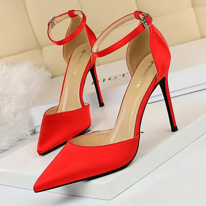 Satin Shallow Pointed Women Pumps with Buckle High Heels