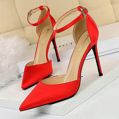 Satin Shallow Pointed Women Pumps with Buckle High Heels