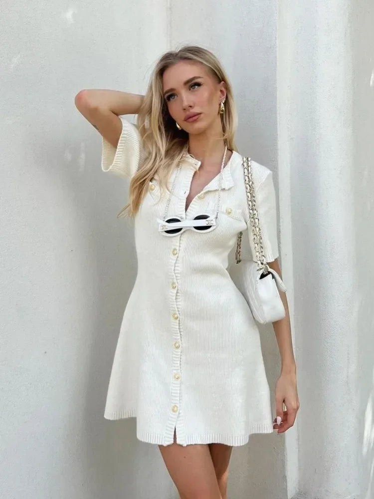 Knit Button Front Patch Pocket Short Sleeve A-Line Mini Dress
