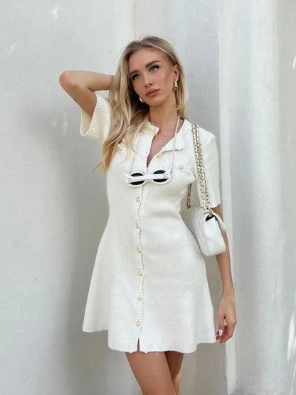Knit Button Front Patch Pocket Short Sleeve A-Line Mini Dress