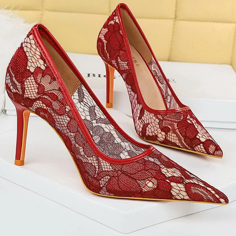 Red Lace Women Pumps with Mesh Hollow High Heels for Sexy Party Style