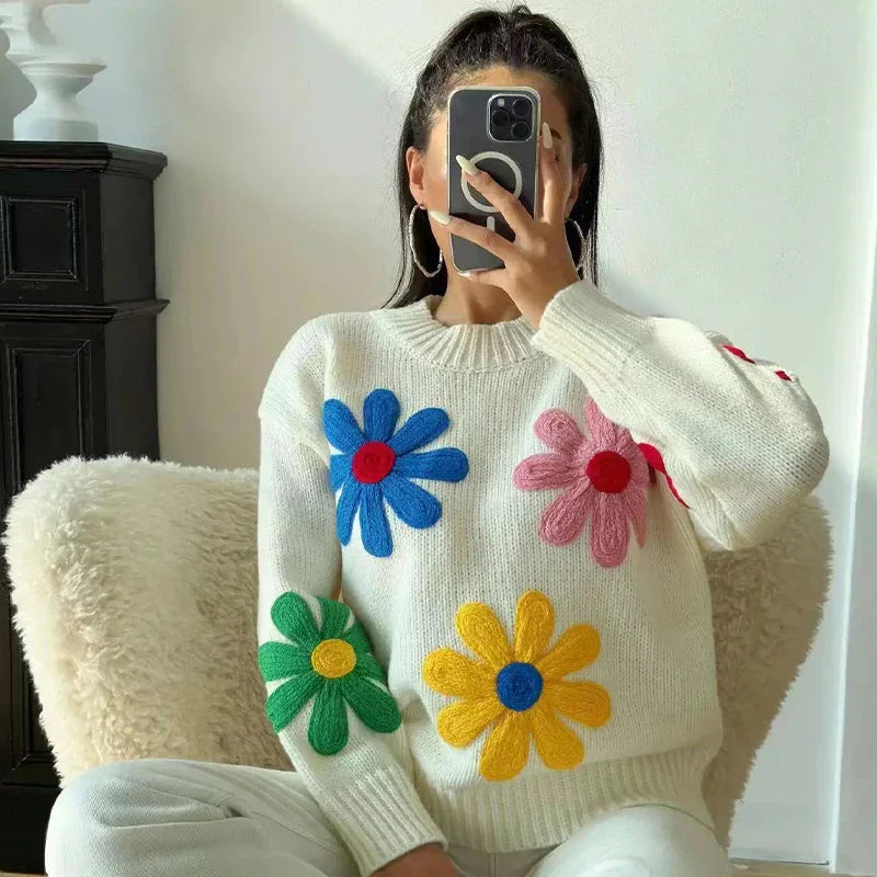 Autumn Knitted Women Sweater Sweet Flower Loose Long Sleeve O-neck Female Pullovers 2025 New Casual Loose Ladies Tops Streetwear