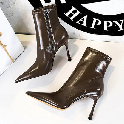 Leather High Heel Boots with Side Zipper and Warm Plush Lining for Winter