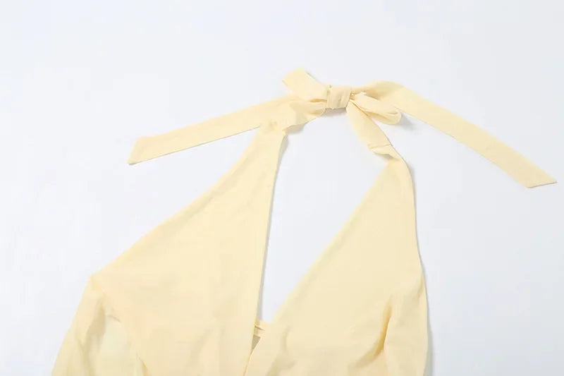 Halter Neck Plunging Cowl Ruffle Layered Hem Mini Dress