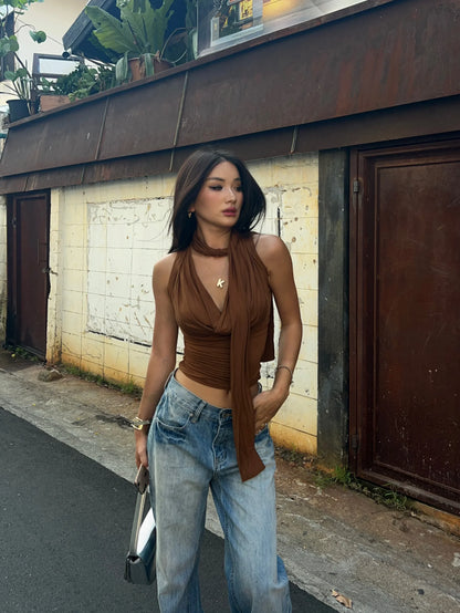 Women Sleeveless Tie Neck Plain Top JERSEY TOP WITH BOW Ruched V-neck Knot Detail Tank Top
