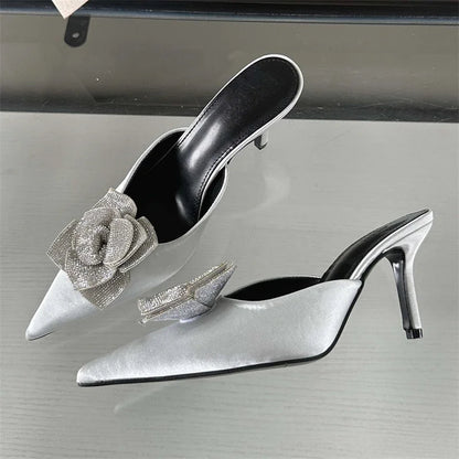 CRYSTAL Flower Silk Pointed Toe Slippers for Women