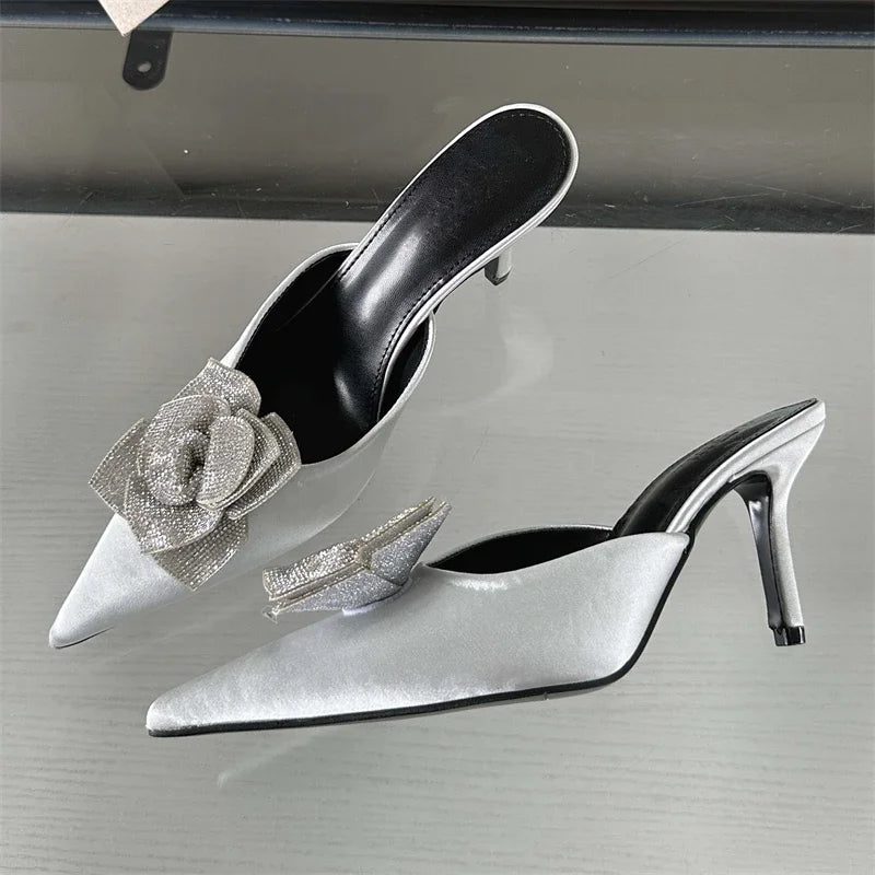 CRYSTAL Flower Silk Pointed Toe Slippers for Women