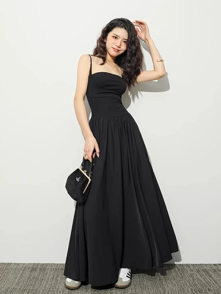 Square Neck Spaghetti Strap Fitted Waist Pleated A-Line Maxi Dress