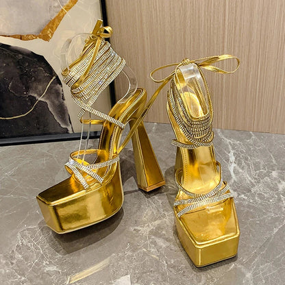 Glitter Rhinestones Cross Ankle Strap Super High Heels for Women on the Runway