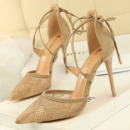 Cross Straps Women Sandals Mesh Lace High Heels Stiletto Party Shoes