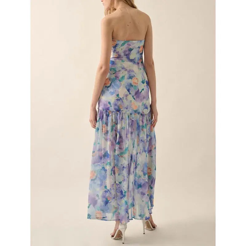 Ruffled Split Floral Bandeau Vacation Dress