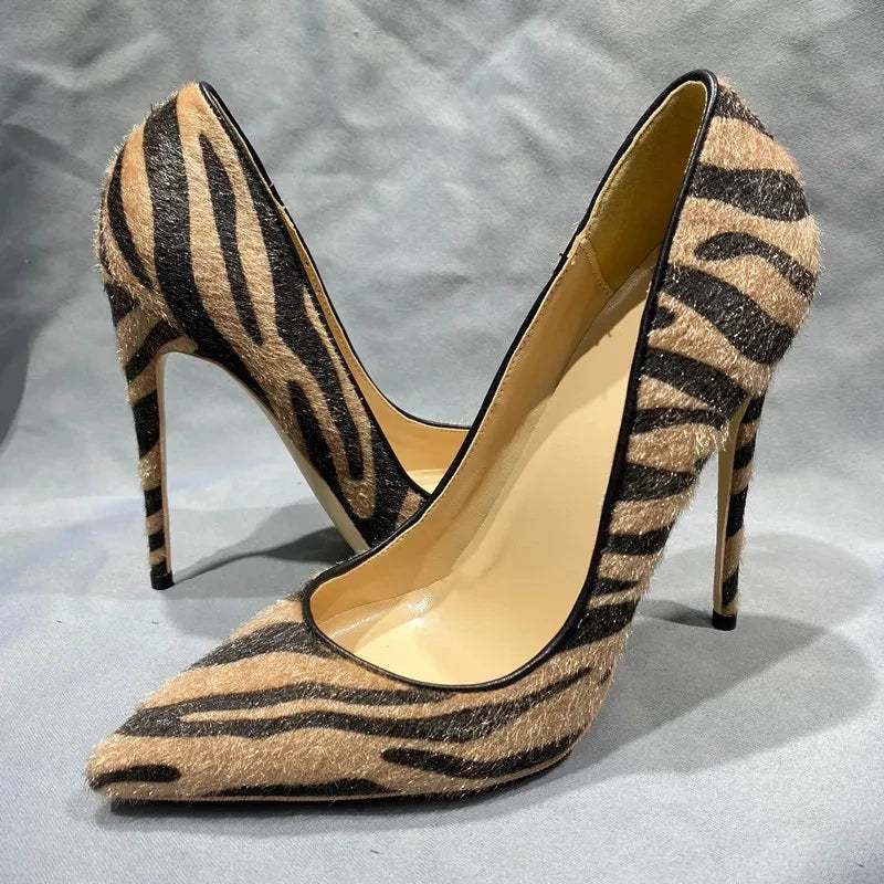 Hairy Brown Zebra Women Pointy Toe High Heel Shoes