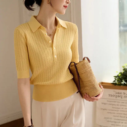| Ribbed Knit Polo Blouse