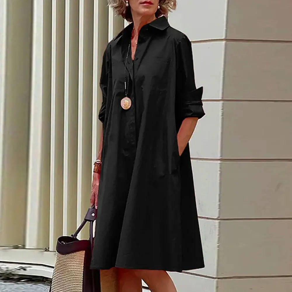 Collared Long Sleeve Button Down Patch Pocket Midi Shirt Dress