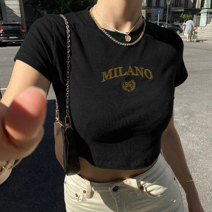Black Letter Embroidery Crop O-neck T-shirt