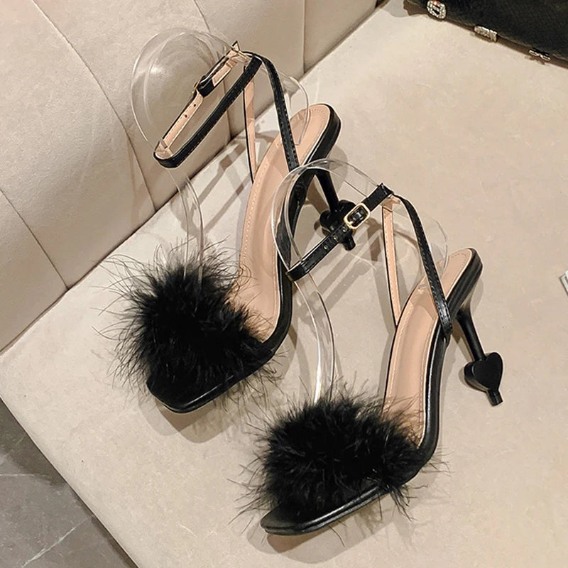 Ankle Strap High Heels with Fluffy Feather Detail Women Sandals