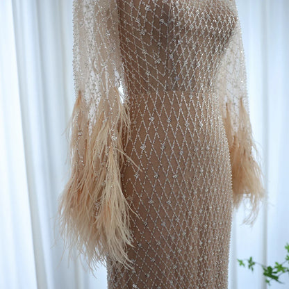 Feather Embellished Evening Gown with Long Sleeves