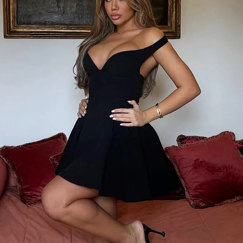 V Neck Backless Solid Sleeveless Mini Dress