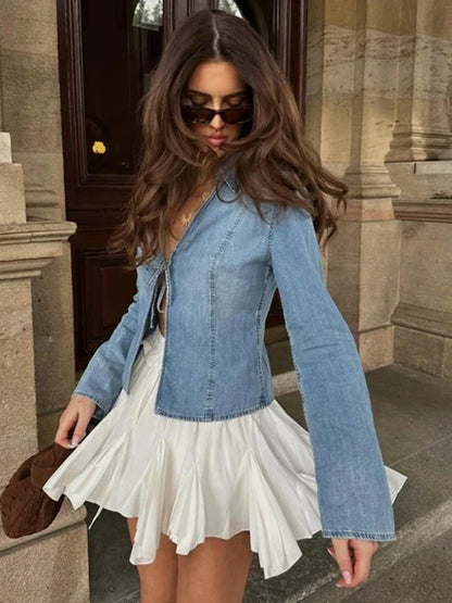 Bow Tie Denim Slim Fit Blouse