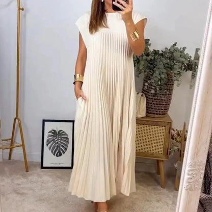 Micro Pleated Round Neck Cap Sleeve A-Line Midi Dress