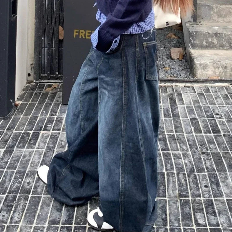 Y2k Letter Embroidery Washed Women Jeans Vintage Harajuku Wide Leg Denim Pants Baggy Gyaru Scimitar Trousers Streetwear