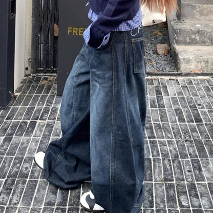Y2k Letter Embroidery Washed Women Jeans Vintage Harajuku Wide Leg Denim Pants Baggy Gyaru Scimitar Trousers Streetwear