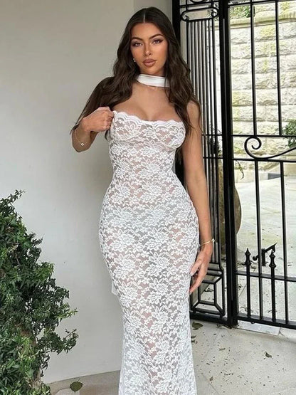 Lace Ribbon Strapless Sheer Maxi Dress