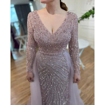 Blue Mermaid Beaded Long Sleeves Evening Gown