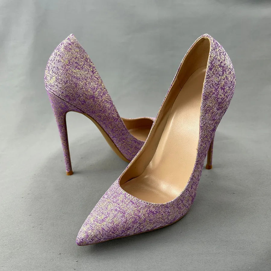 Purple Glitter Pointy Toe High Heel Shoes for Women