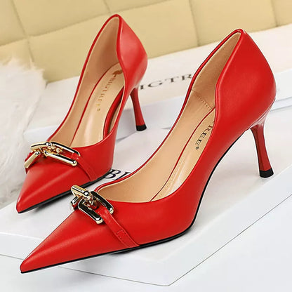 Metal Button Woman Pumps Patent Leather High Heels Sexy Party Shoes Stiletto Heels Luxurious
