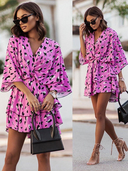 Tropical Floral Print Twist-Waist Kimono Sleeve Tiered Ruffle Mini Dress