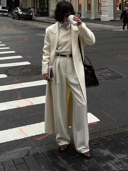 Fashion Oversize Lapel Extra Long Woolen Overcoat Women's Double Breasted Solid Cropped Overgarment Lady Commute Streetwear