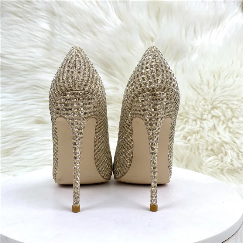 Gold Sequined Women Pointy Toe High Heels