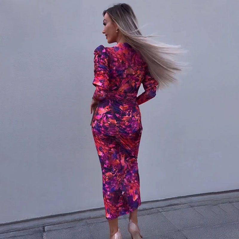 Abstract Botanical Print Deep V-Neck Puff Shoulder Ruched Front Midi Dress