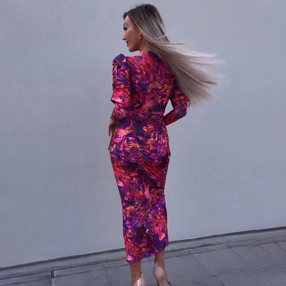 Abstract Botanical Print Deep V-Neck Puff Shoulder Ruched Front Midi Dress