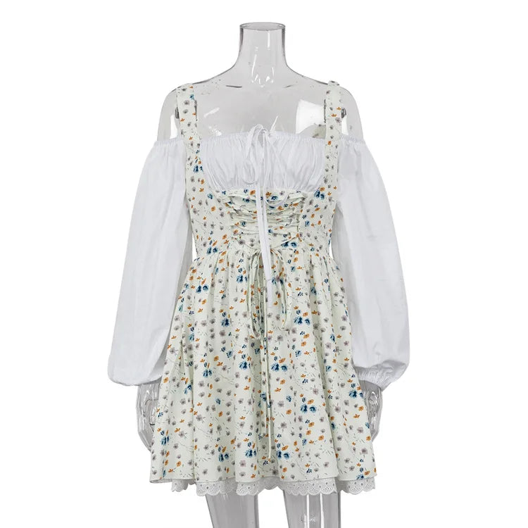 Floral Corset Lace Up Square Neck Eyelet Lace Trim Bubble Hem Mini Dress
